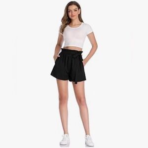 PEIQi high Waisted Shorts Elastic Beach Short with Pockets Belt Medium Black